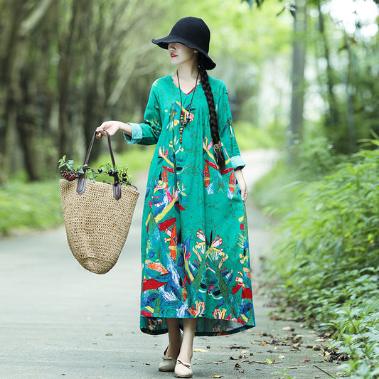 Literary Retro V-neck Plus Size Loose Long-sleeved Dress