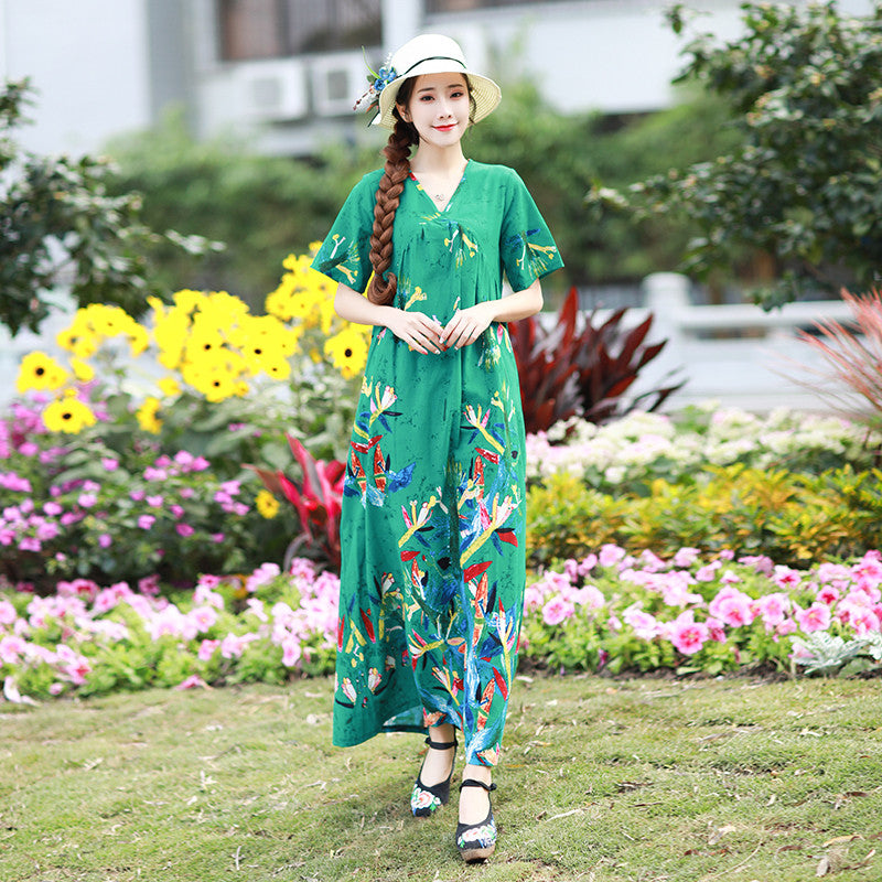 Literary Retro V-neck Plus Size Loose Long-sleeved Dress