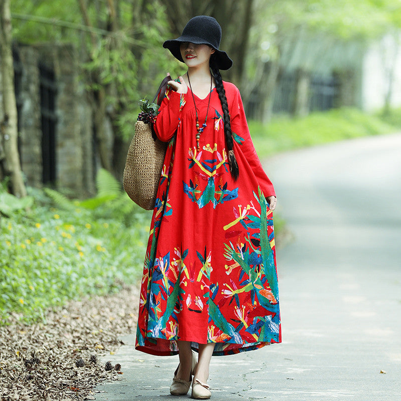 Literary Retro V-neck Plus Size Loose Long-sleeved Dress