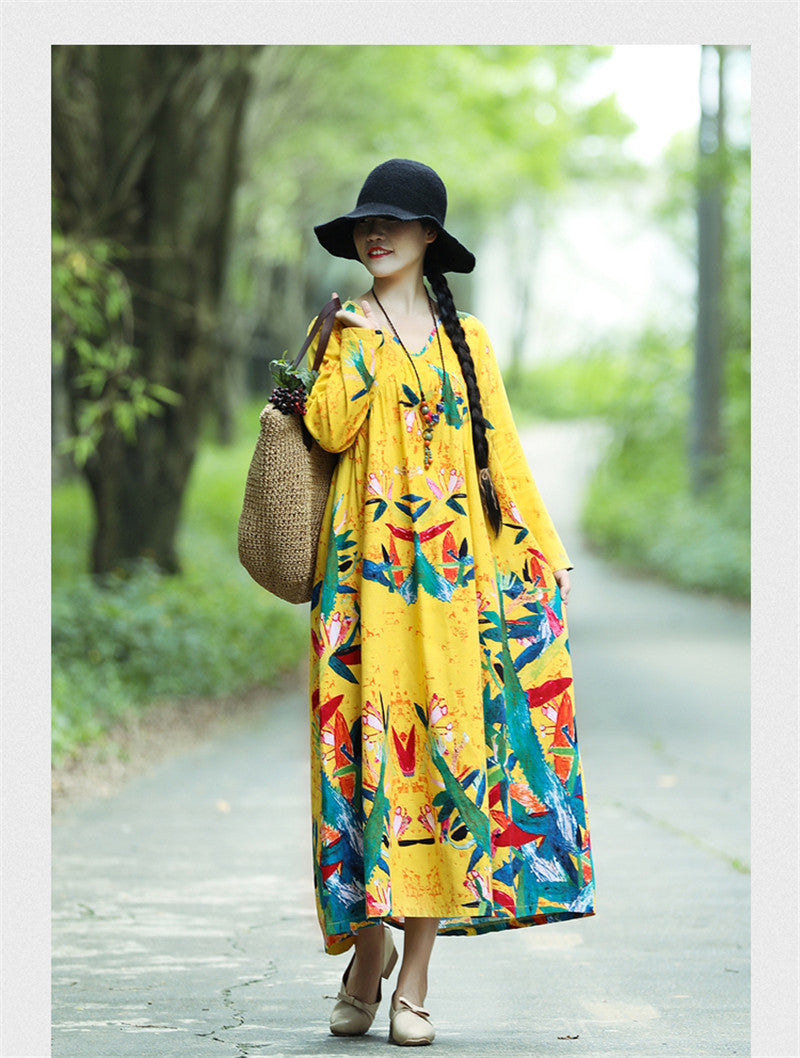 Literary Retro V-neck Plus Size Loose Long-sleeved Dress