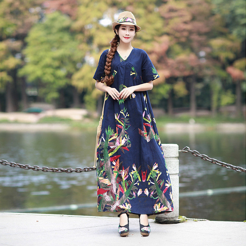 Literary Retro V-neck Plus Size Loose Long-sleeved Dress