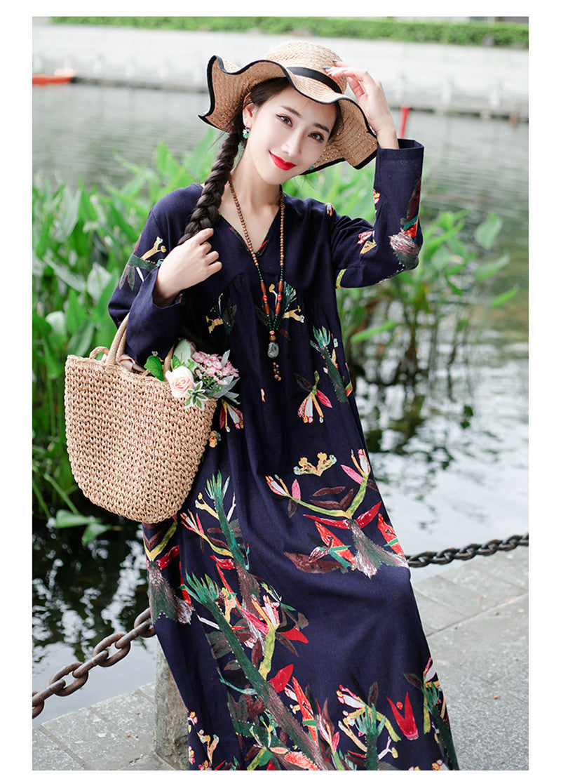 Literary Retro V-neck Plus Size Loose Long-sleeved Dress