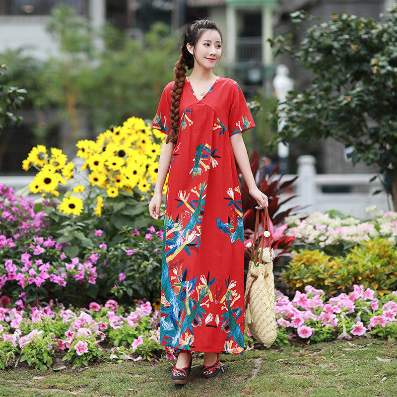 Literary Retro V-neck Plus Size Loose Long-sleeved Dress