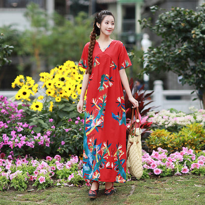 Literary Retro V-neck Plus Size Loose Long-sleeved Dress