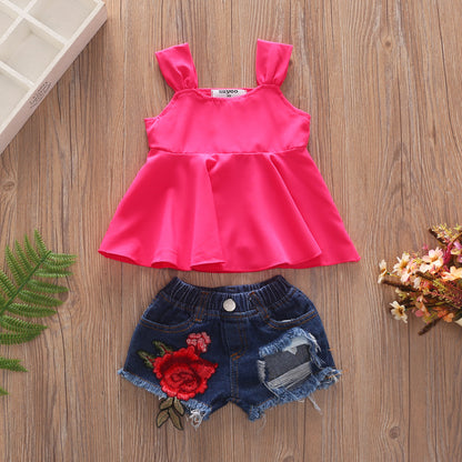 European And American Hot Selling Girls Sling Strapless Top  Rose Denim Ripped Shorts Suit