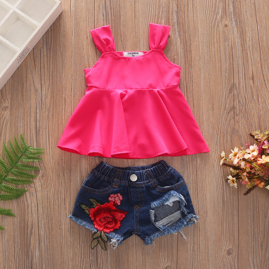 European And American Hot Selling Girls Sling Strapless Top  Rose Denim Ripped Shorts Suit