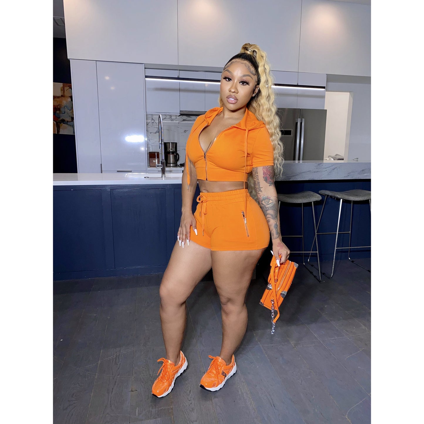 Spring And Summer Hooded Zipper Short-sleeved Shorts Sports Two-piece Suit