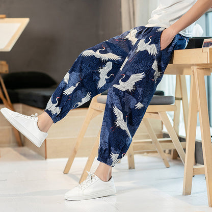 Summer New Pants Men's Crane Printing Plus Size Casual Pants