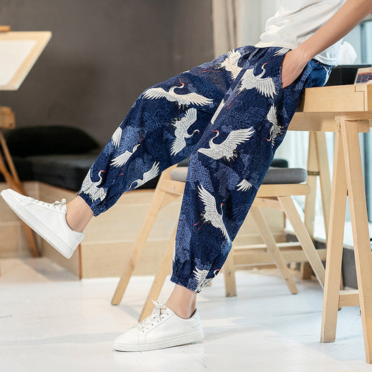 Summer New Pants Men's Crane Printing Plus Size Casual Pants