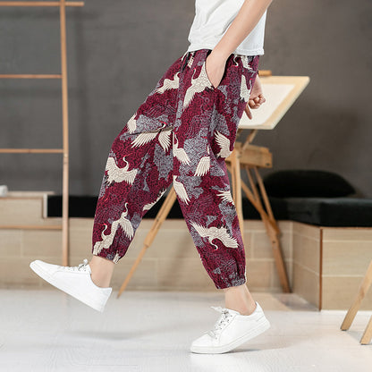 Summer New Pants Men's Crane Printing Plus Size Casual Pants