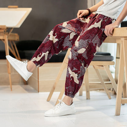 Summer New Pants Men's Crane Printing Plus Size Casual Pants