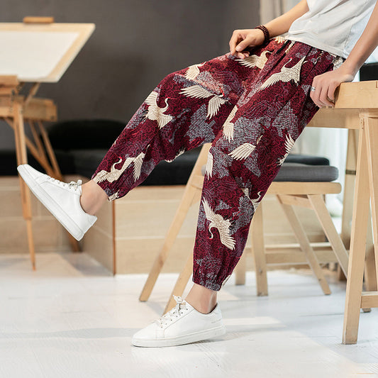 Summer New Pants Men's Crane Printing Plus Size Casual Pants
