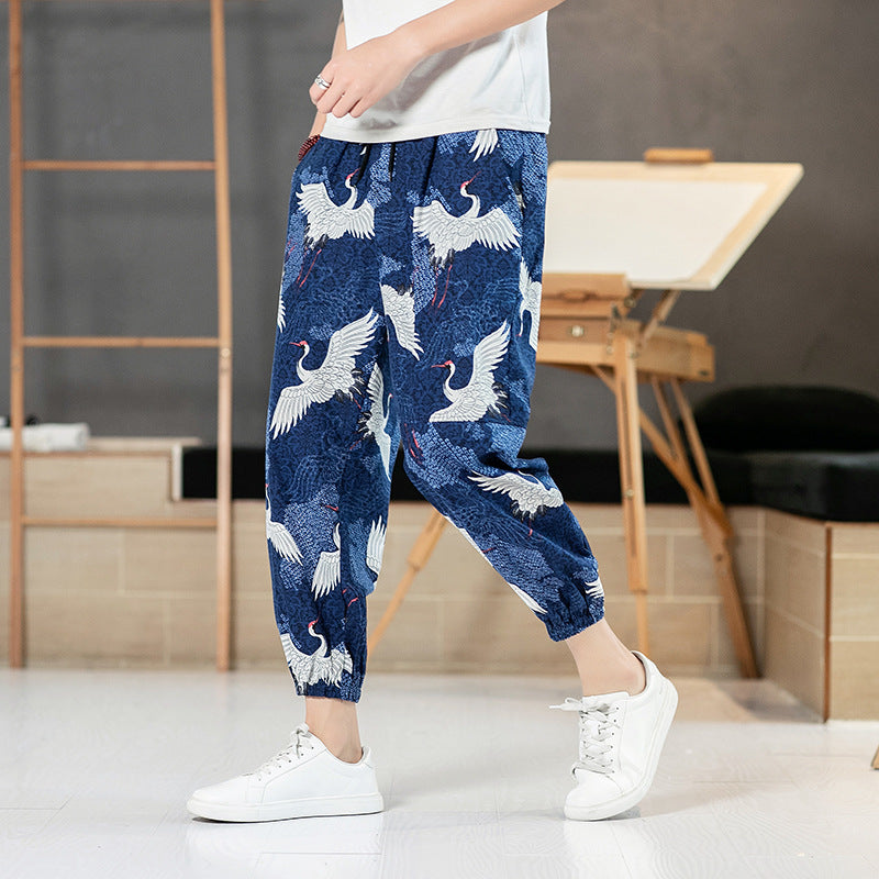 Summer New Pants Men's Crane Printing Plus Size Casual Pants