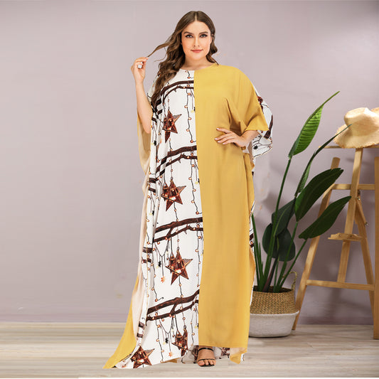 Women Bat Sleeve Plus Size gold stars design Contrast Color fashionable Stitching Dress