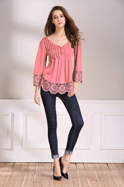 Ladies' New Product Lace Stitching Cotton Fashion Casual Women's Blouse