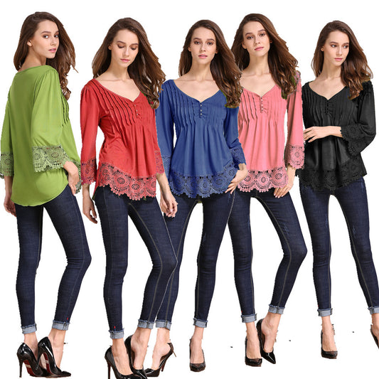 Ladies' New Product Lace Stitching Cotton Fashion Casual Women's Blouse