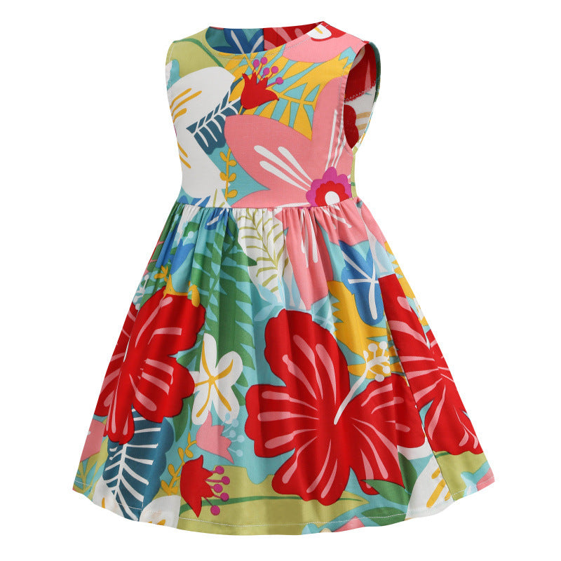 Summer New Style Round Neck Cotton Girls Color Print Skirt Vest Dress