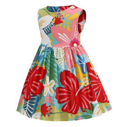 Summer New Style Round Neck Cotton Girls Color Print Skirt Vest Dress