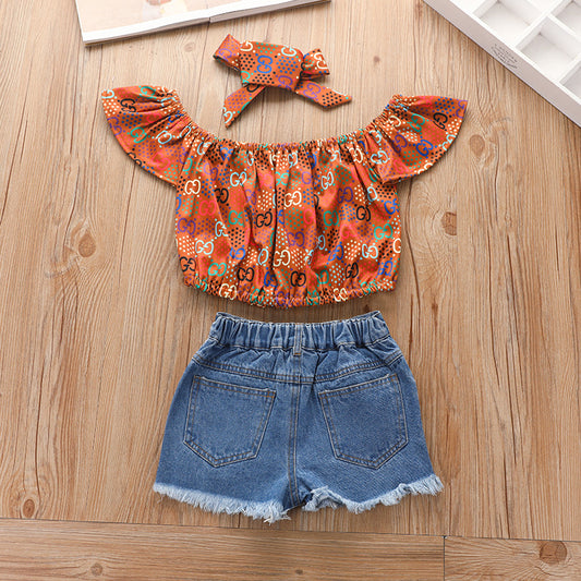 Printed Pullover Denim Shorts Suit European And American Summer Three-piece Children's Clothing Girls Hot Pants Suit