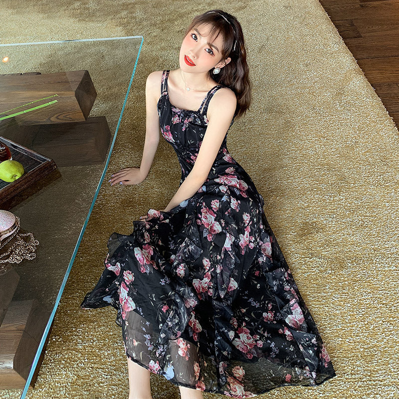 Printed A-line Skirt Summer New Product Temperament Was Thin Suspender Skirt