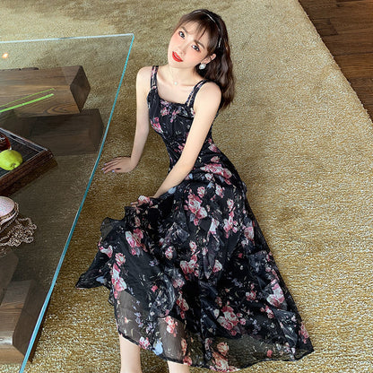 Printed A-line Skirt Summer New Product Temperament Was Thin Suspender Skirt