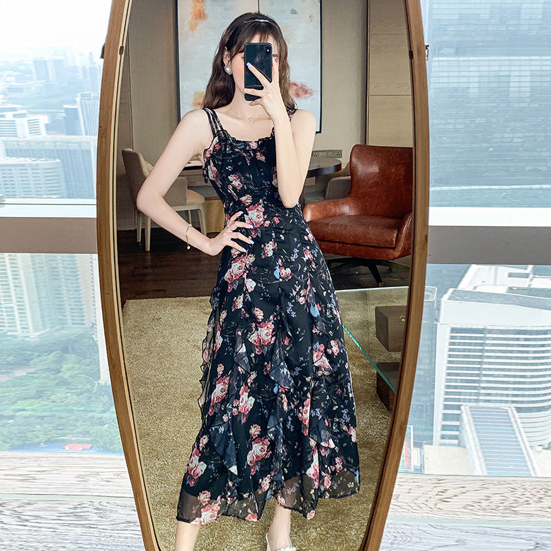 Printed A-line Skirt Summer New Product Temperament Was Thin Suspender Skirt