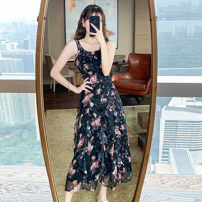 Printed A-line Skirt Summer New Product Temperament Was Thin Suspender Skirt