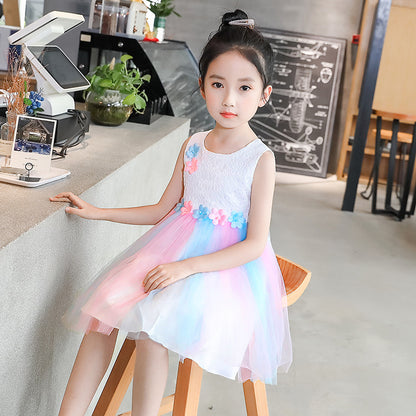 Western Style Flower Stitching Rainbow Mesh Skirt Girls Dress
