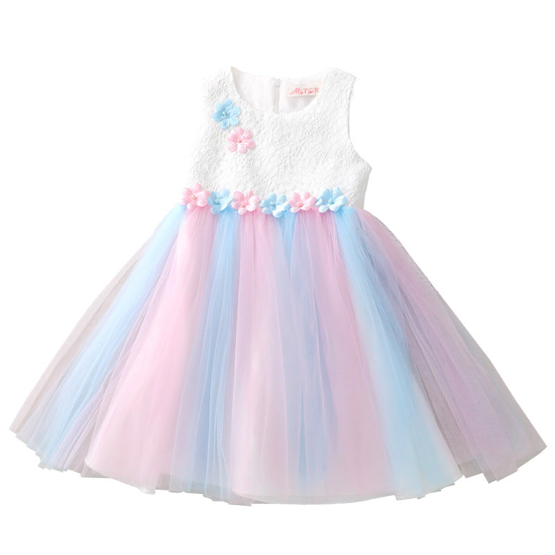 Western Style Flower Stitching Rainbow Mesh Skirt Girls Dress