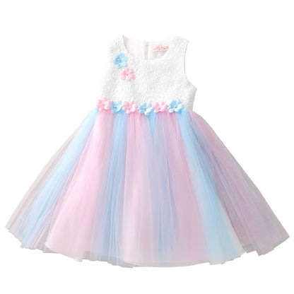 Western Style Flower Stitching Rainbow Mesh Skirt Girls Dress