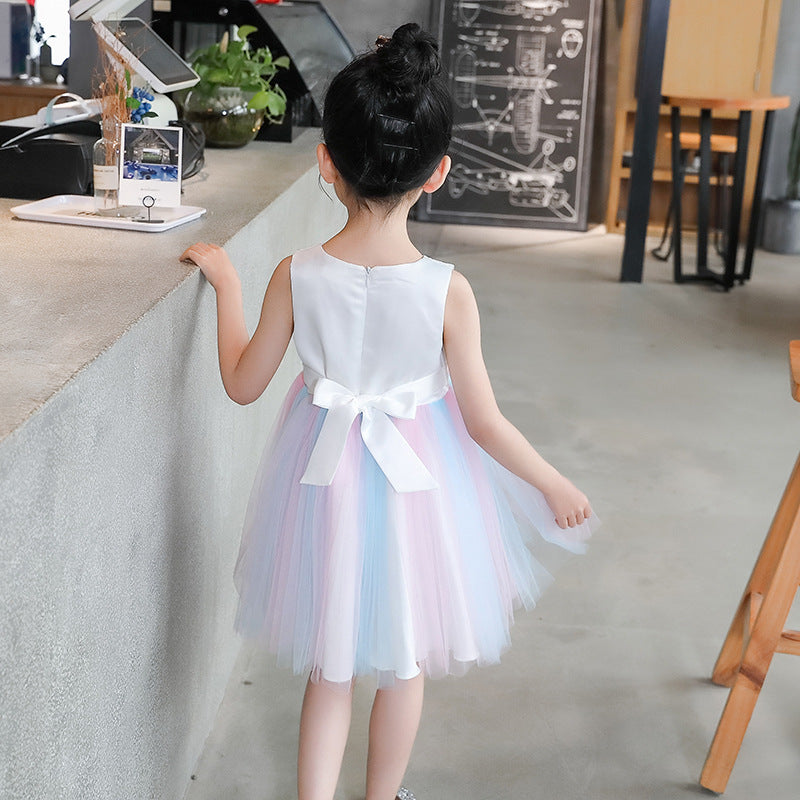 Western Style Flower Stitching Rainbow Mesh Skirt Girls Dress