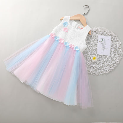 Western Style Flower Stitching Rainbow Mesh Skirt Girls Dress