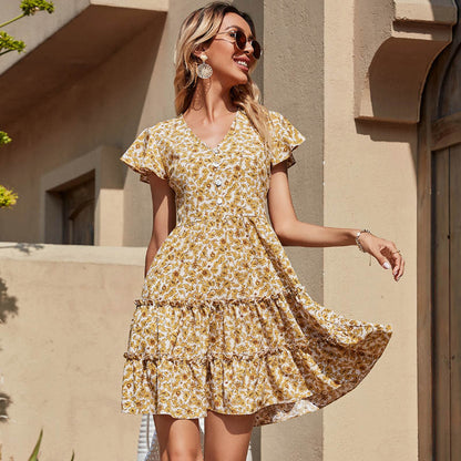 Summer New Product Printed V-Neck Short Sleeve Chiffon Dress