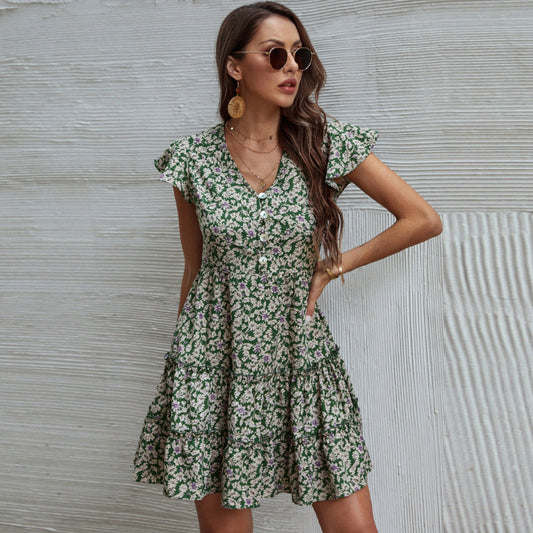 Summer New Product Printed V-Neck Short Sleeve Chiffon Dress