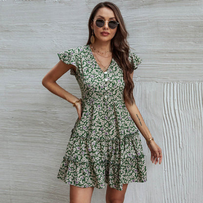 Summer New Product Printed V-Neck Short Sleeve Chiffon Dress