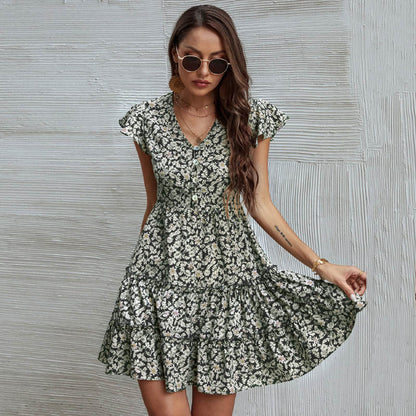 Summer New Product Printed V-Neck Short Sleeve Chiffon Dress
