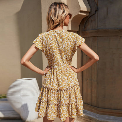 Summer New Product Printed V-Neck Short Sleeve Chiffon Dress