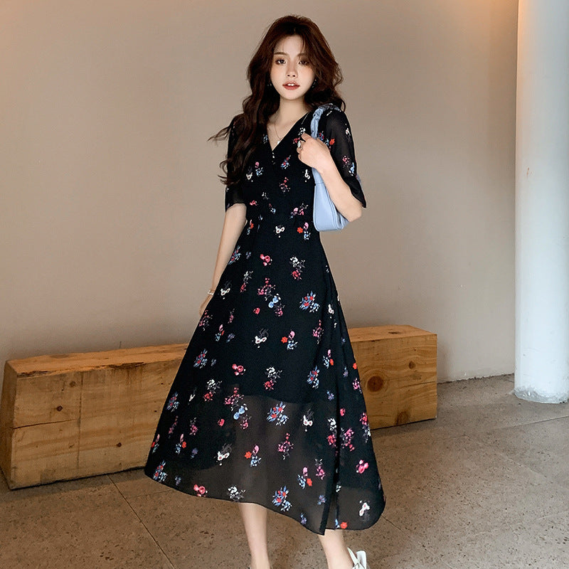 Floral Chiffon Dress Western Style Reduces Age And Covers Belly