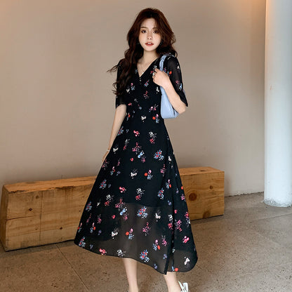 Floral Chiffon Dress Western Style Reduces Age And Covers Belly