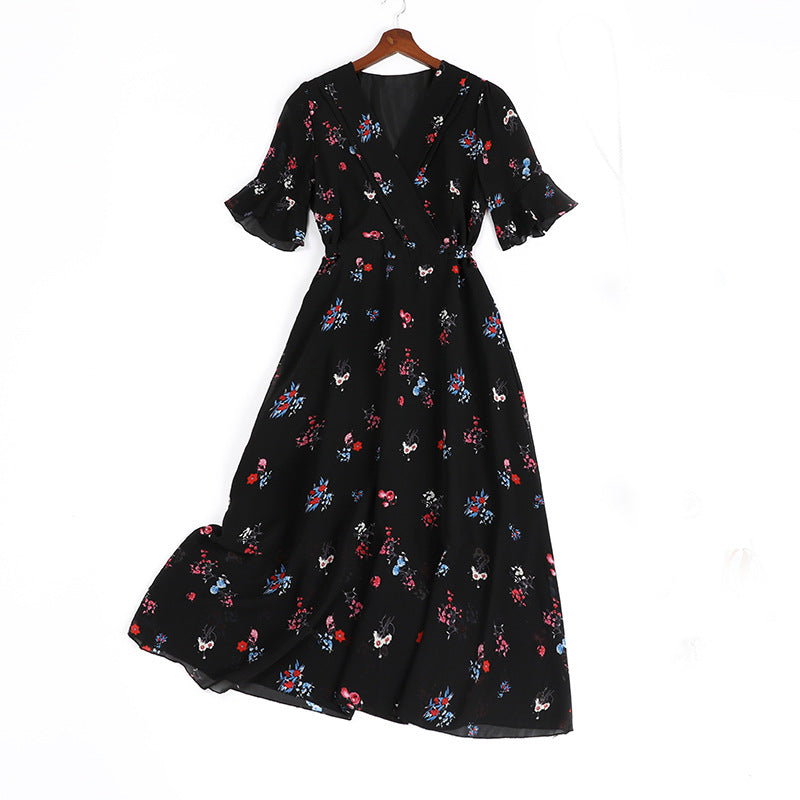 Floral Chiffon Dress Western Style Reduces Age And Covers Belly