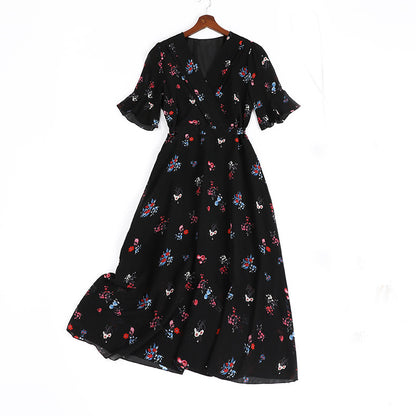 Floral Chiffon Dress Western Style Reduces Age And Covers Belly