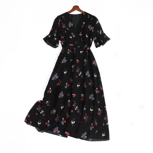 Floral Chiffon Dress Western Style Reduces Age And Covers Belly