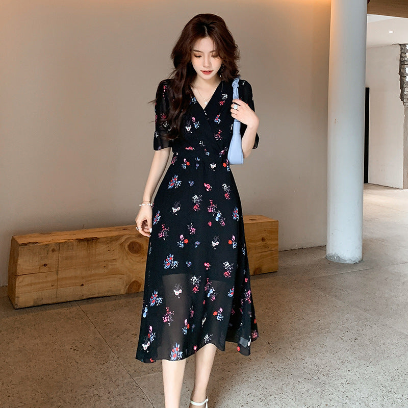 Floral Chiffon Dress Western Style Reduces Age And Covers Belly
