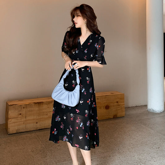 Floral Chiffon Dress Western Style Reduces Age And Covers Belly