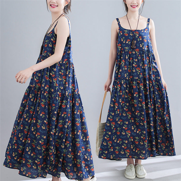 Floral Print Loose Cotton Hemp Show Slim Skirt Women''s Wear