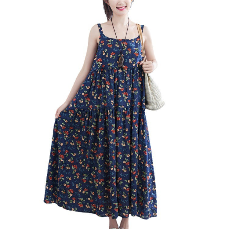 Floral Print Loose Cotton Hemp Show Slim Skirt Women''s Wear