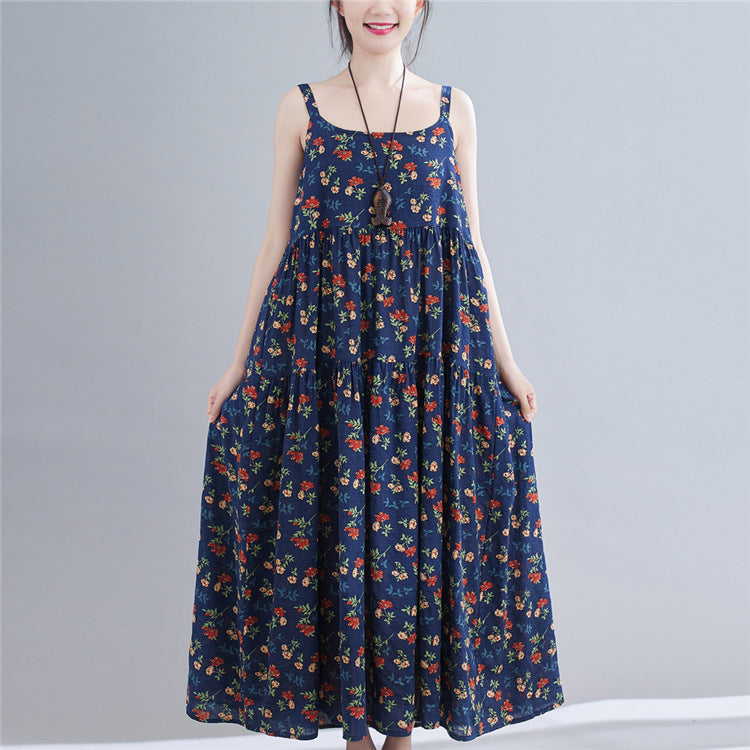 Floral Print Loose Cotton Hemp Show Slim Skirt Women''s Wear