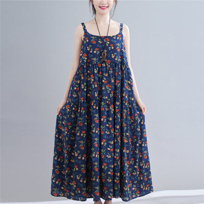 Floral Print Loose Cotton Hemp Show Slim Skirt Women''s Wear