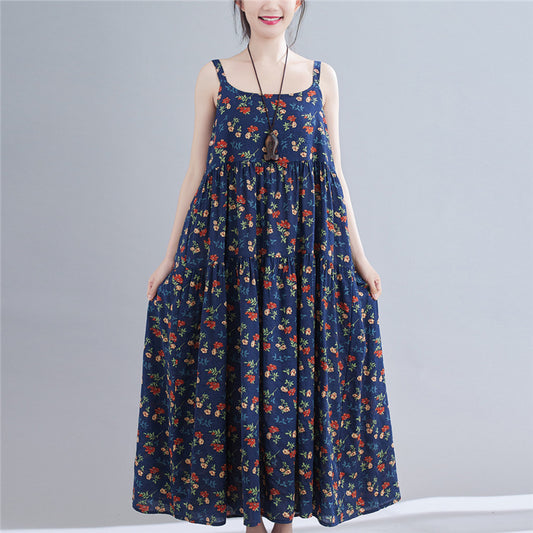 Floral Print Loose Cotton Hemp Show Slim Skirt Women''s Wear