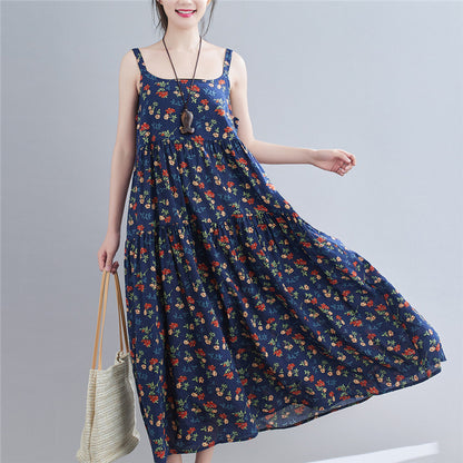 Floral Print Loose Cotton Hemp Show Slim Skirt Women''s Wear
